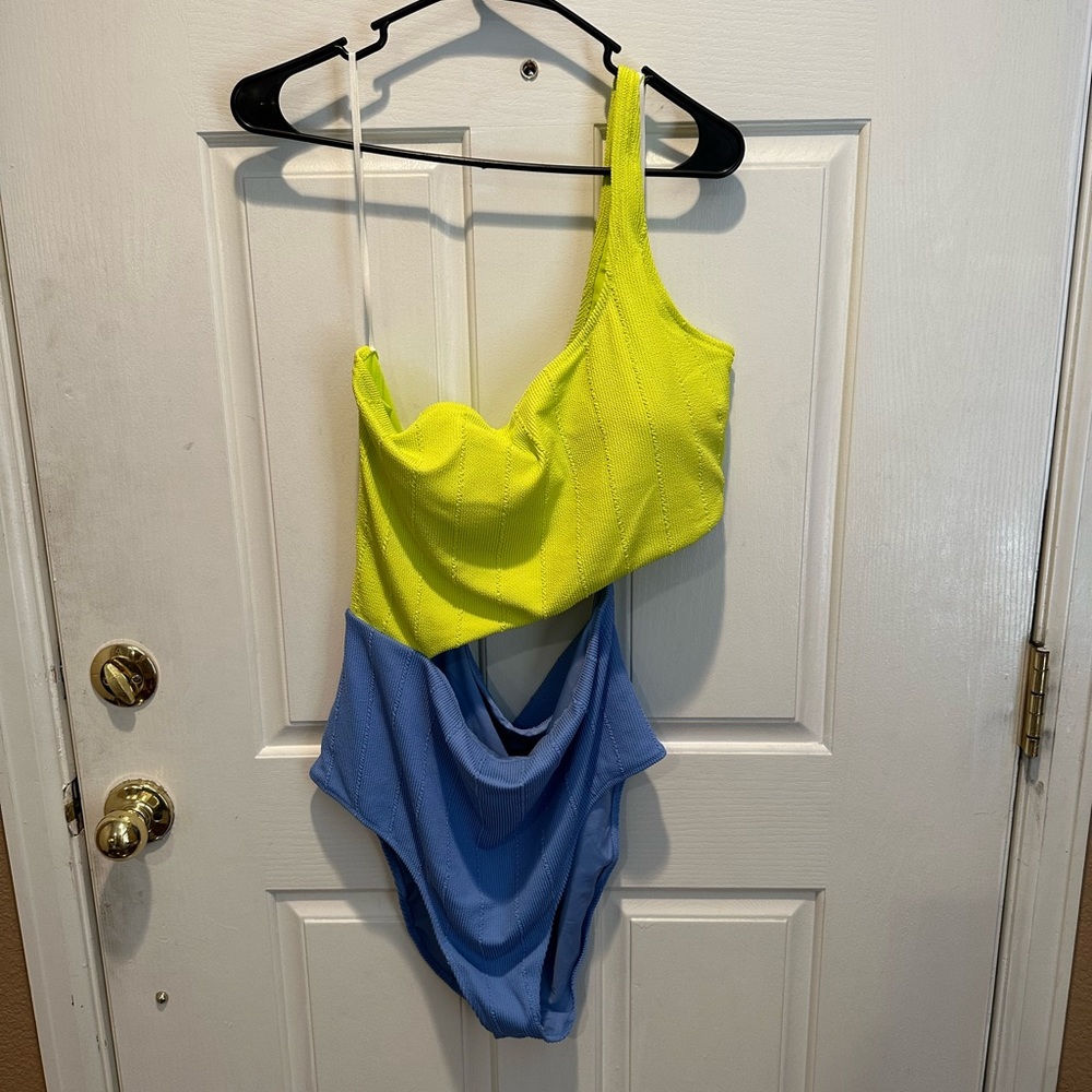 Aerie neon green/yellow and blue one shoulder bathing suit with cut out side